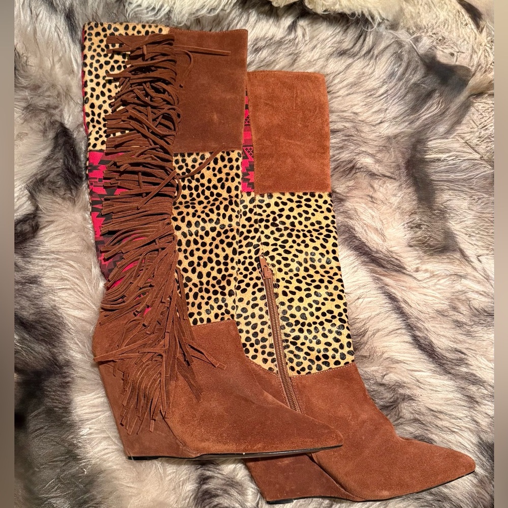 Betsy Johnson Fringe Suede and Leopard Print Boots